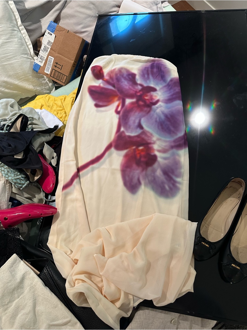 Never warn Meshki Amaya strapless chiffon butter yellow dress with purple orchid